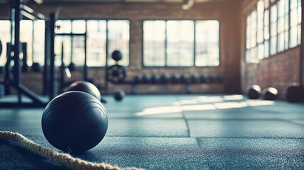 Black medicine balls on a gym floor.