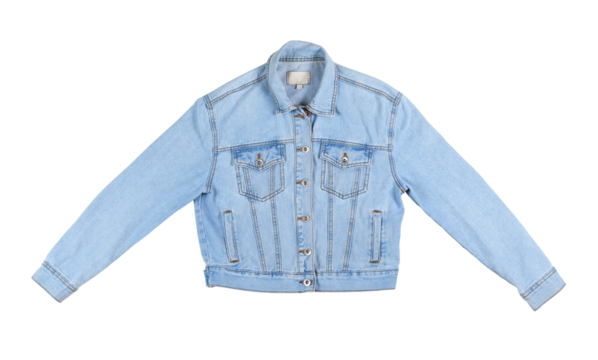 Classic light blue denim jacket displayed on white background