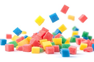 Colorful sugar coated cubes of candy on a white background.