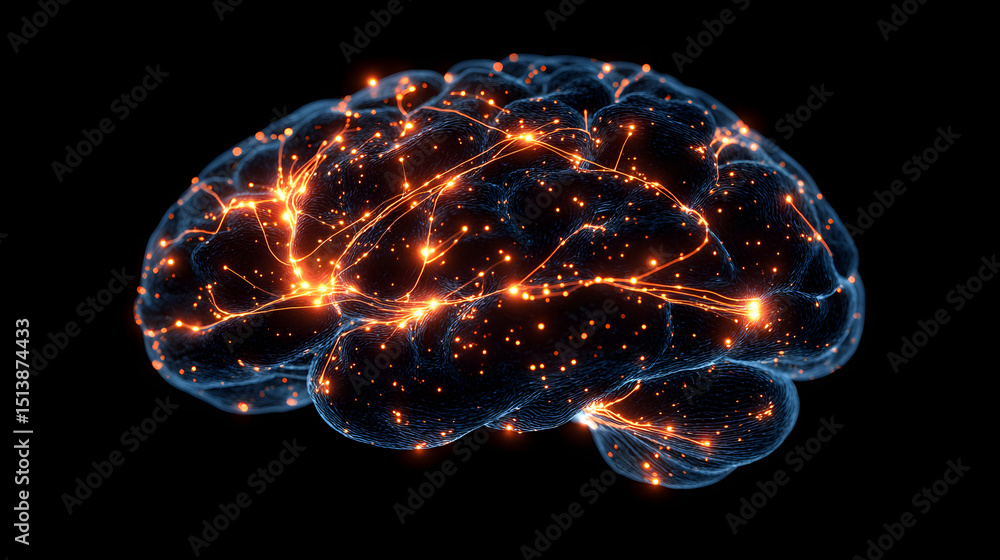 Poster a digital rendering of a human brain with highlighted neural pathways and electric activity, visuali