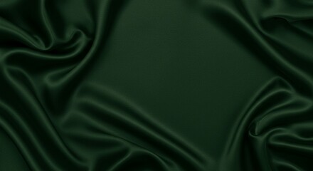 Fototapeta premium Dark green silk satin background. Beautiful soft folds on the smooth surface of the fabric. Luxury background with copy space for design. Wide banner. Top view. Flat lay