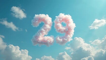 Fototapeta premium Fluffy cloud numbers 29 floating against bright blue sky background. Whimsical artwork for countdown celebration concept, dreamy atmosphere. Creative digital illustration for various designs,