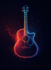 Colorful acoustic guitar glowing in vibrant neon hues against a dark background, evoking a sense of musical energy and creativity