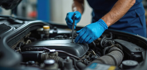 Skilled mechanic repairs car engine in automotive service garage. Pro technician working on car maintenance. Auto repair, car fixing, vehicle diagnostics, engine maintenance, automotive service.