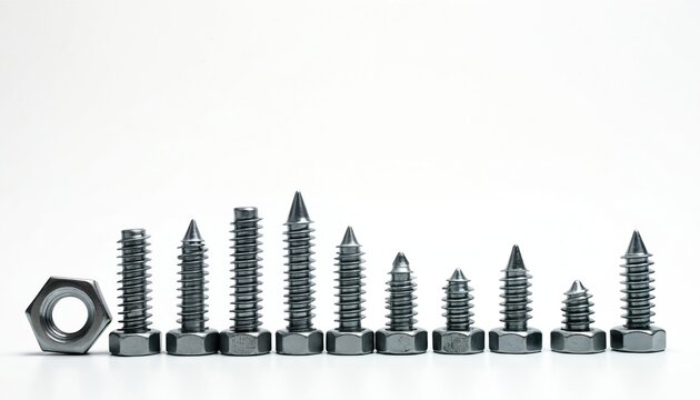 Steel nuts screws on white background. Variety sizes, different threads. Shiny metal bolts, construction equipment, hardware fasteners. Industrial tools for building repair.