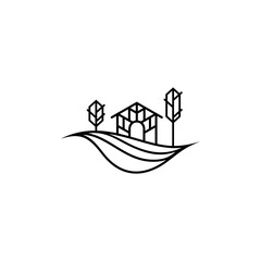 Obraz premium house logo in field with trees in line art design