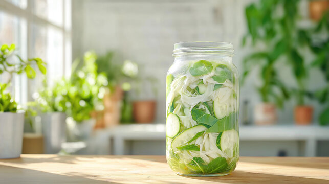 Homemade pickling jar with fresh vegetables in sunlit kitchen