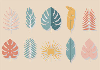 Vector illustration of tropical leaves in pastel colors - tropical, leaves, pastel, vector, nature, botanical, design, flora, illustration, minimal.