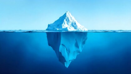 An iceberg visible above and below water on a clear blue background, illustrating the concept of hidden depth, created with generative ai