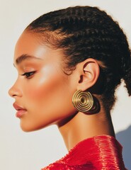 Elegant profile of a model showcasing stylish circular earrings against a warm, sunlit backdrop during a fashion photoshoot