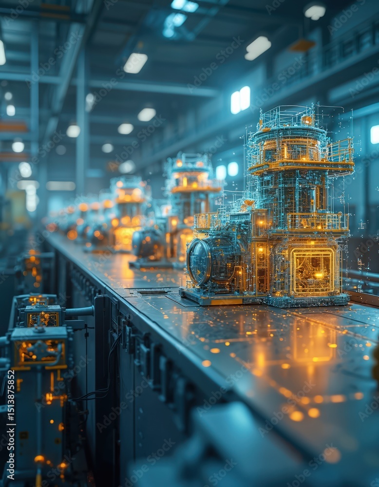 Poster illustration represents creating digital replicas of physical assets. simulation predicts optimizes 
