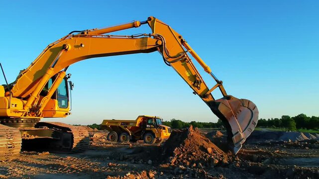 Yellow excavator moving earth on a construction site. Man operating heavy digging machinery for excavation and land development. Industrial work footage.