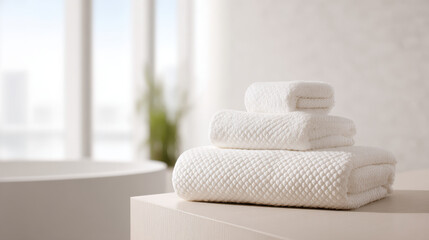 serene bathroom scene featuring soft textile elements in light minimalist design emphasizing texture and comfort