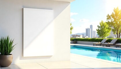 Fototapeta premium Blank vertical poster mockup on modern exterior wall near rooftop pool with urban cityscape view in background on sunny day. 3D Rendering, created with generative ai
