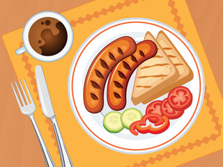 Breakfast plate with fried sausage, toast, coffee top view vector illustration. Roasted sausages, toasted bread, vegetables on a wooden table above view vector. Grilled sausage on the table drawing