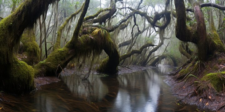 Moss draped trees arching over misty creek in enchanting forest