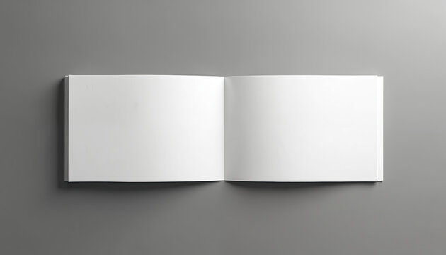 Open blank brochure mockup. Horizontal book spread on grey background. Empty pages for business, presentation design. Mock-up template for flyer, booklet, magazine cover, catalog.