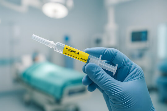 close-up of ketamine syringe held by gloved hand in surgical setting with blurred operating room background for medical use