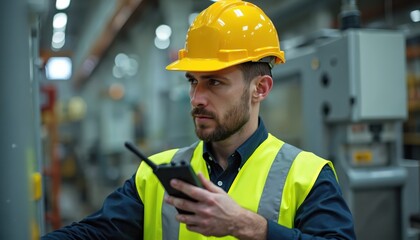 Male maintenance engineer in uniform wears safety helmet. Worker using walkie-talkie, inspecting industrial factory machine. Technician checks machinery, radio check, production control.