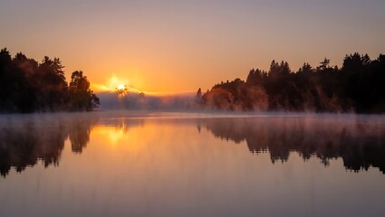 Obraz premium Sunrise over Misty Lake Serene Nature Photography