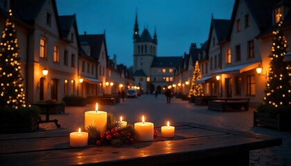 Fototapeta premium Christmas time Wooden table with candles in front of a medieval town square on Christmas night. Gothic castle at night, created with generative ai