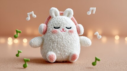 Cute Bunny Plush Toy Listening to Music  Pastel Colors  Relaxing  Soft  3D Render