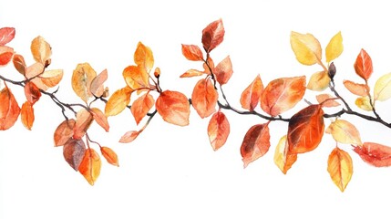 Watercolor painting of autumn branch with orange and yellow leaves isolated on white background.