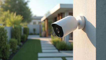 White smart home security camera mounted on exterior wall. Modern house with green garden, yard. Surveillance camera for property protection. Technology security system.
