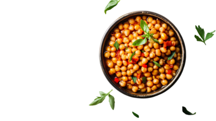 A top down view of a bowl of chickpeas with basil leaves  food  isolated on transparent background
