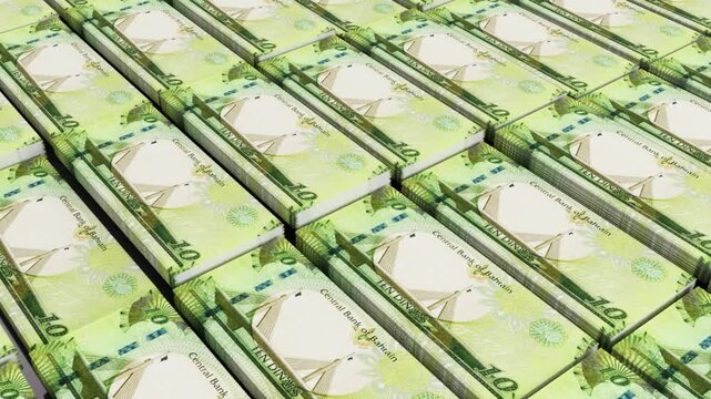 Bahrain 10 or ten dinar Banknotes Camera Movement in Slow Motion. Realistic 3D Animation of Bahraini Money, HD Resolution Currency Stack stock video