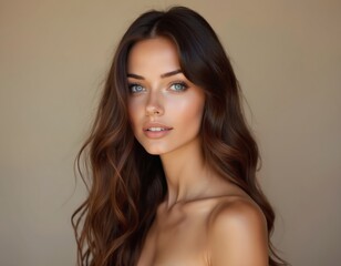 Naklejka premium Portrait of beautiful young woman with long brown wavy hair. She has striking blue eyes, perfect skin. Natural makeup, healthy complexion. Elegant, attractive model looks to camera.