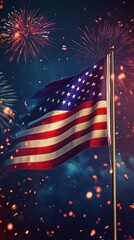 American Flag with Fireworks Lighting Up the Sky