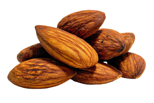 Raw almonds scattered, natural beige-colored nuts, healthy snack option, great for recipes or nutrition highlights. Isolated on white background or PNG