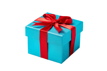 Obraz premium Bright turquoise gift box with vibrant red ribbon, perfect for celebrations or special occasions, ideal for festive settings. Isolated on white background or PNG