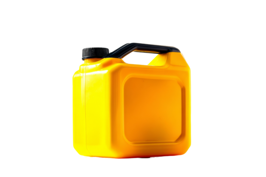 Bright yellow fuel container, sturdy plastic design, ideal for outdoor activities and emergency storage, with ample text space. Isolated on white background or PNG
