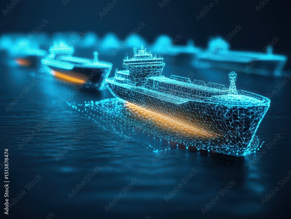 Poster interconnected shipping global concept. futuristic depiction of ships illuminated by glowing wirefra
