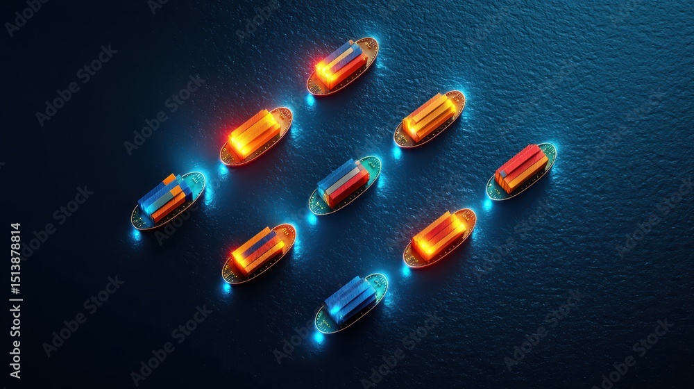Poster interconnected shipping global concept. Aerial view of illuminated boats on water, creating a striking pattern at night.