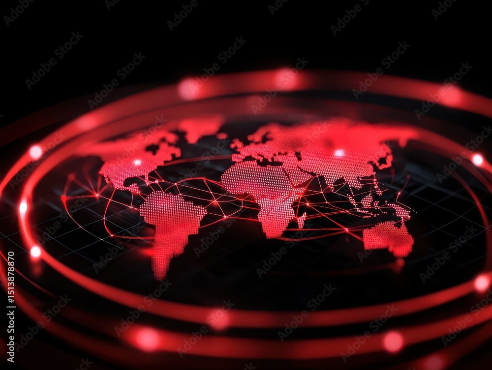 Poster interconnected shipping global concept. futuristic world map with digital elements in red tones and 