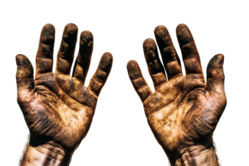 Weathered hands with dirt, showing hard work, conveying labor and resilience, ideal for themes of dedication and struggle. Isolated on white background or PNG