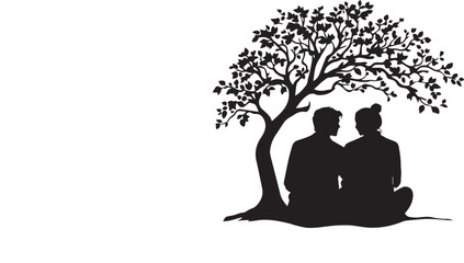 silhouette of a couple sitting under a leafy tree, romantic moment, nature, tranquility, black and white vector illustration