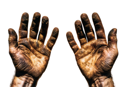Weathered hands with dirt, showing hard work, conveying labor and resilience, ideal for themes of dedication and struggle. Isolated on white background or PNG