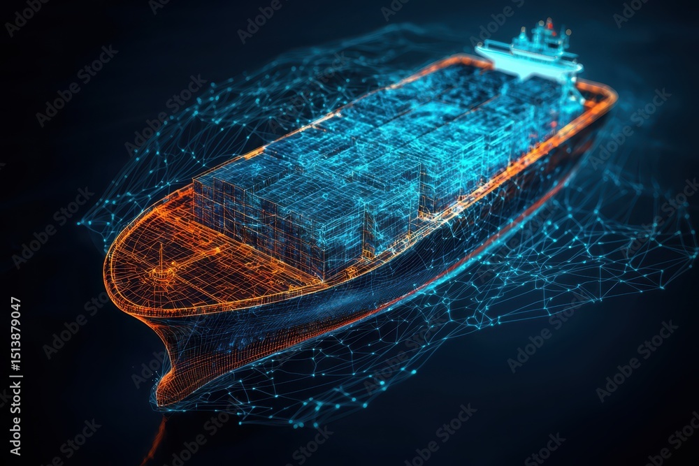 Poster interconnected shipping global concept. futuristic cargo ship illuminated with digital lines and con