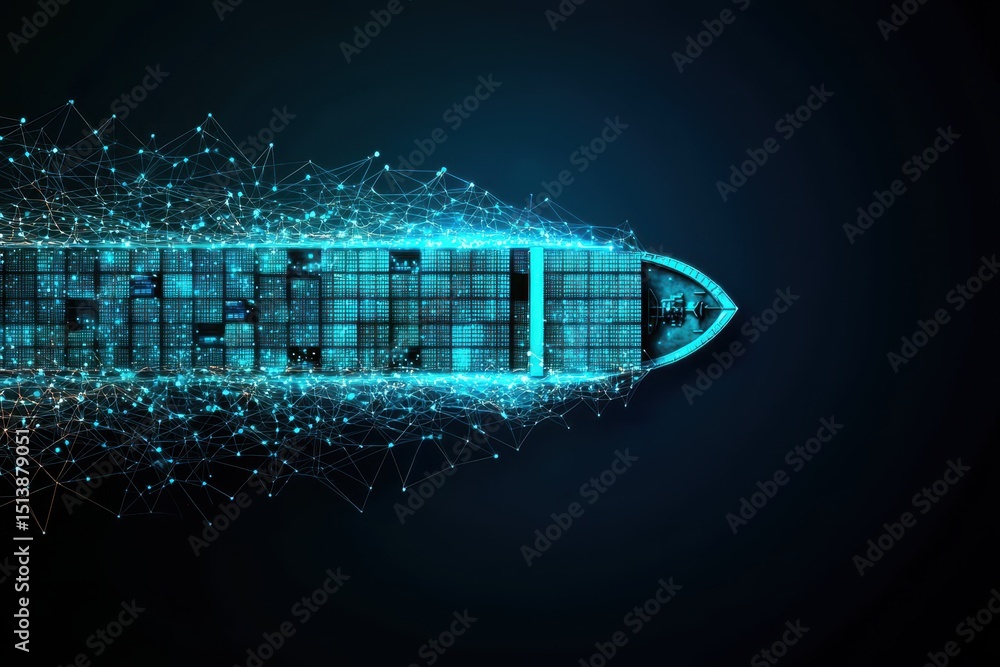 Poster interconnected shipping global concept. digital representation of a cargo ship with a futuristic des