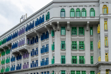 Colorful rainbow window of the Old Hill Street Police Station near Clarke Quay, Singapore.