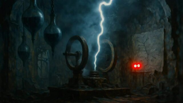 Quantum Lab Collapse: Lightning Strikes, Mercury Floats, Power Dies &ndash; Industrial Electric Retro-Tech Horror Shot
