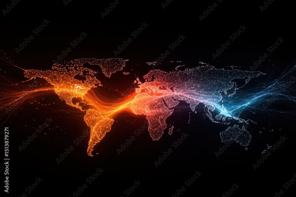 Aufkleber interconnected shipping global concept. Visual representation of a world map with light trails symbolizing connectivity.