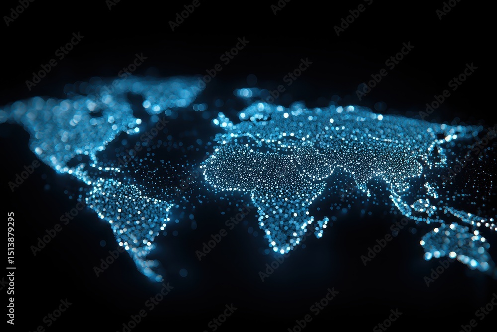 Poster interconnected shipping global concept. Digital representation of a world map with glowing dots on a dark background.