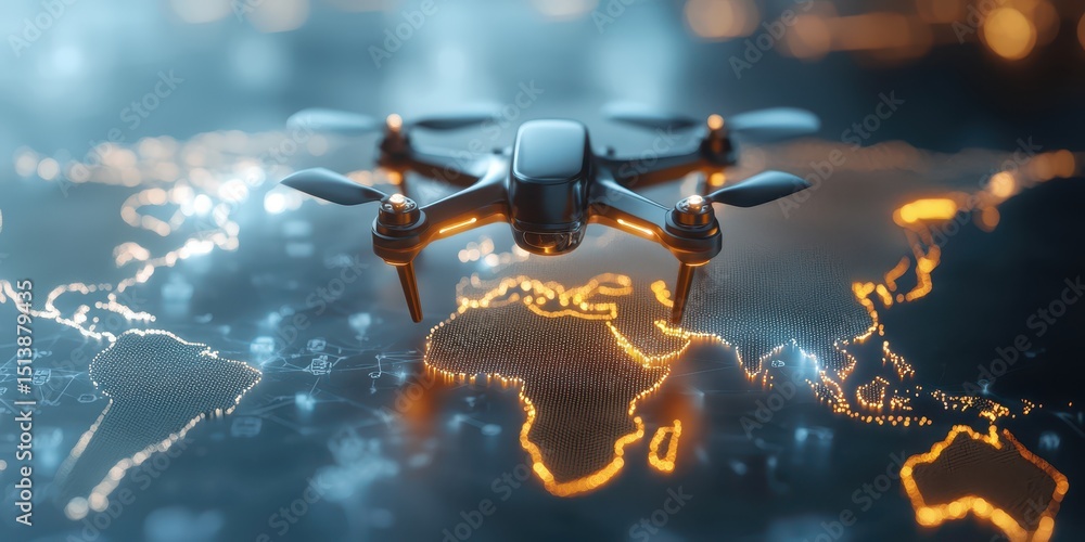 Poster interconnected shipping global concept. drone flying over a digital map with glowing lights and deta