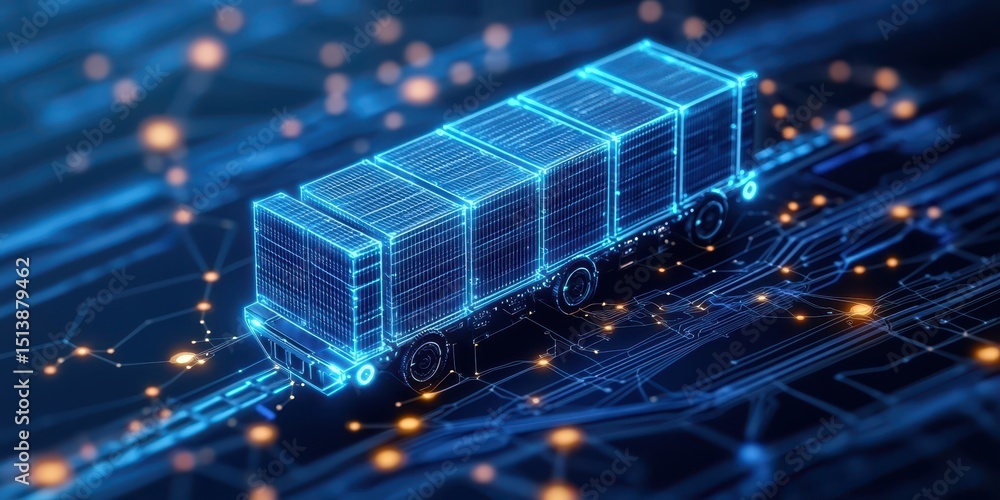 Poster interconnected shipping global concept. Digital representation of a truck on a technological background with interconnected elements.