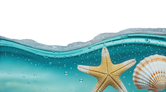 Underwater view of starfish and seashell with clear turquoise water and bubbles, transparet background for summer design mockups, ideal for vacation themes, marine products